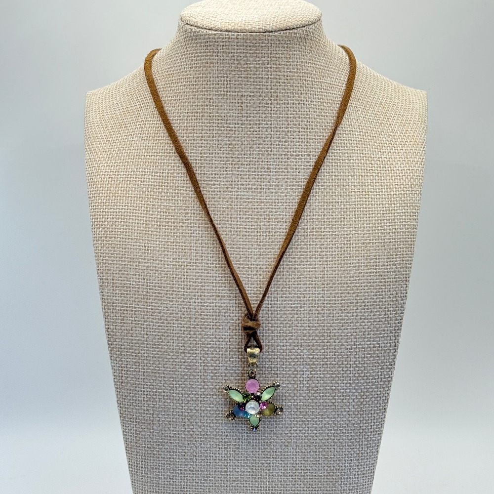 Ethereal‎ Suede Boho Fairy Y2K Rhinestone Flower Pendant Necklace OS Multicolor